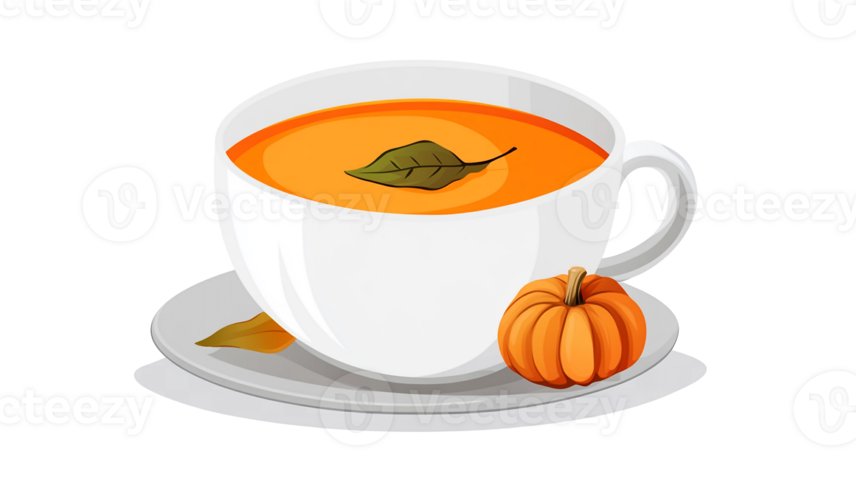 Cup of pumpkin soup with decoration, representing cozy autumn meals, on a white transparent background. png