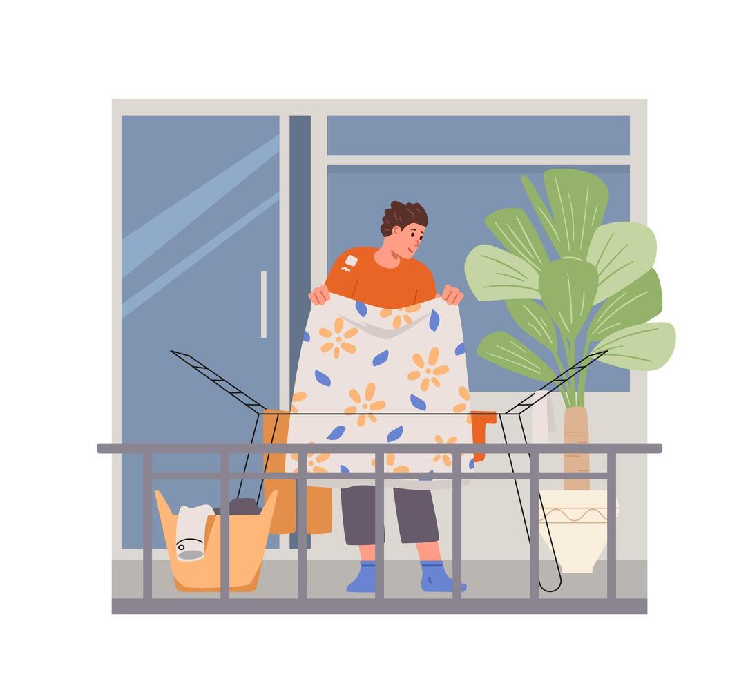Man hangs up the laundry to dry on the balcony flat . House chores. vector