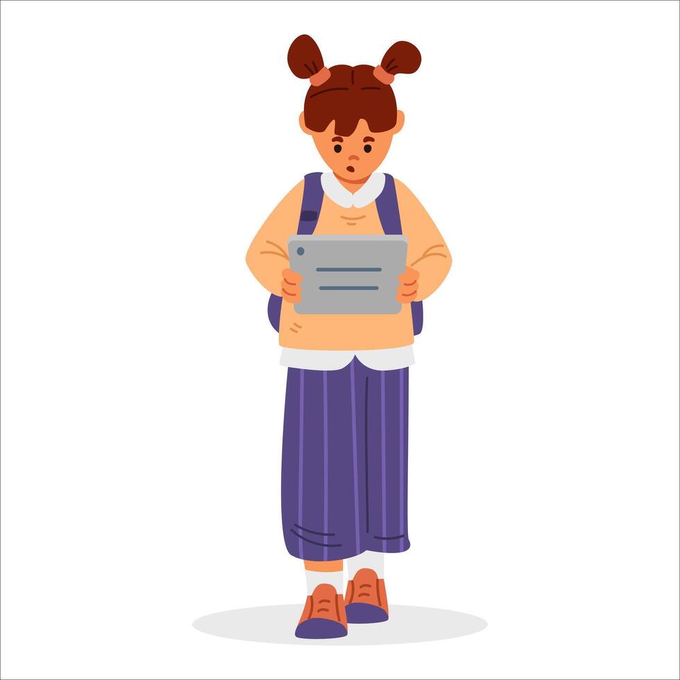 School girl with backpack walking and playing with tablet flat illustration isolated on white. Gadget addiction. vector
