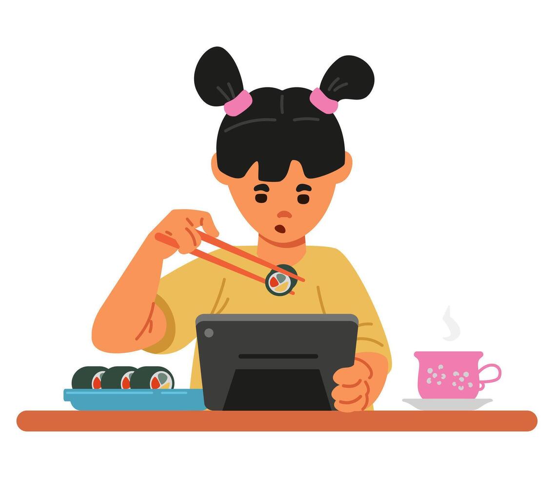 Asian girl eating sushi and using tablet flat illustration isolated on white. Gadget addiction problem. vector