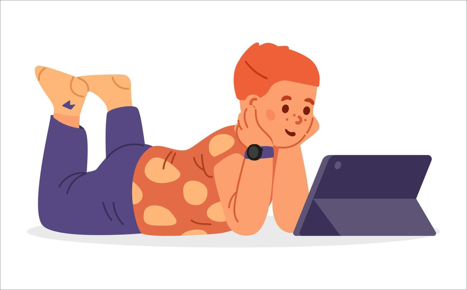 Cute boy laying on the floor watching on tablet flat illustration isolated on white. vector