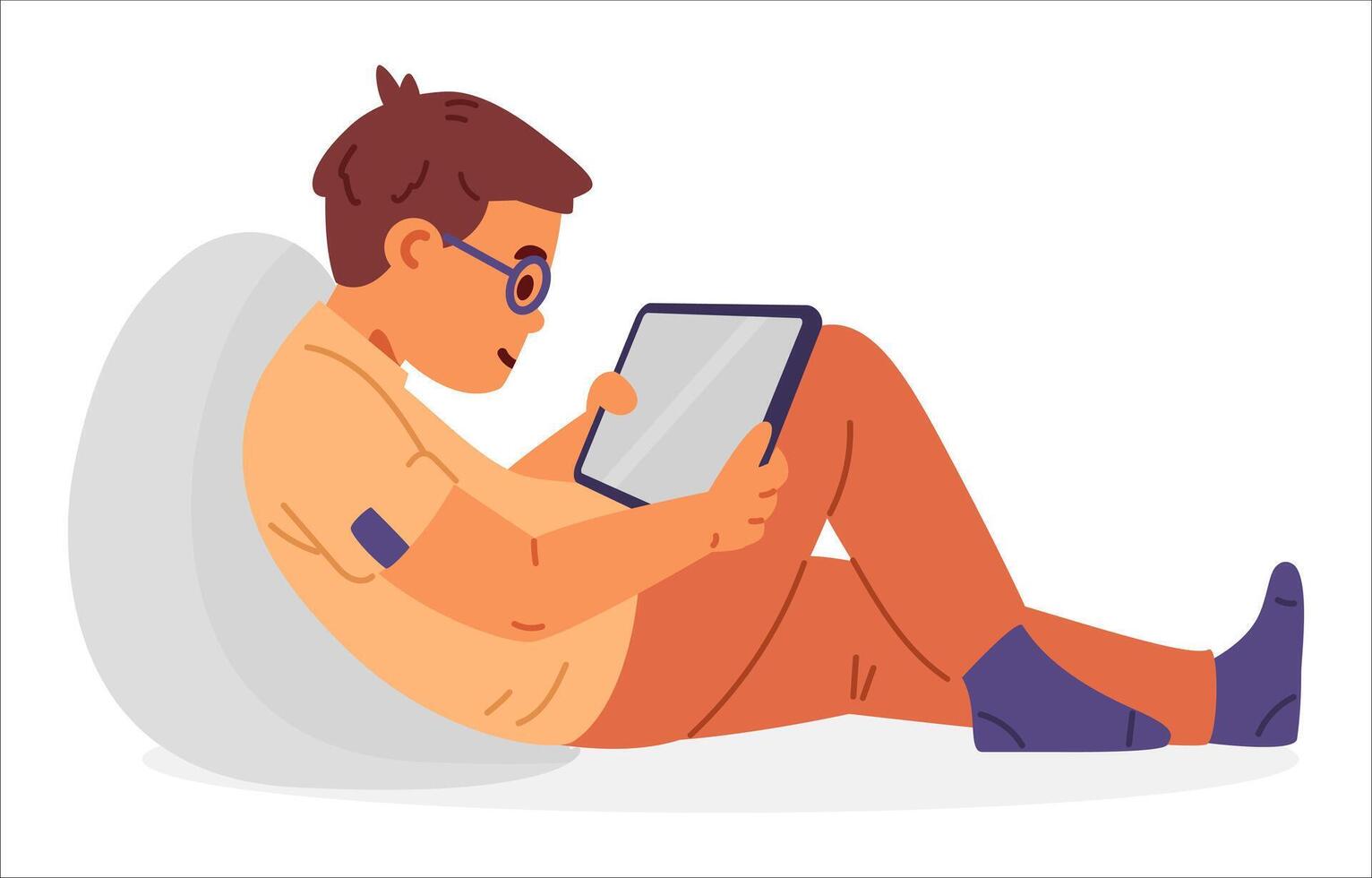 Boy in glasses laying watching to tablet flat illustration isolated on white. Gadget addiction. vector