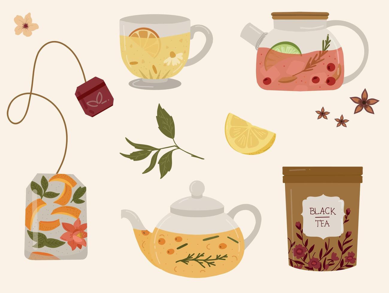Set of teapots, and cups with fruits, lemon, and herbal tea. Cartoon hot drinks vector