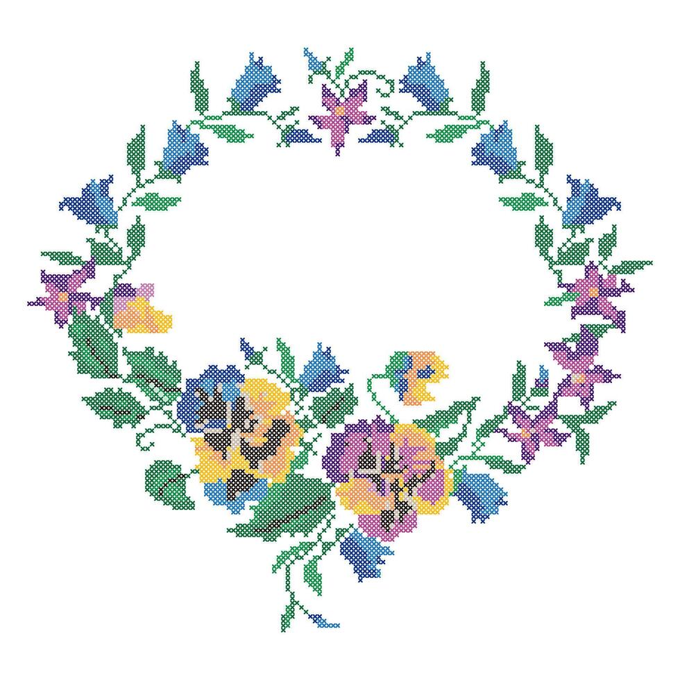 Cross Stitch Flowers Floral Frame Wreath Ukrainian Embroidery Pattern vector