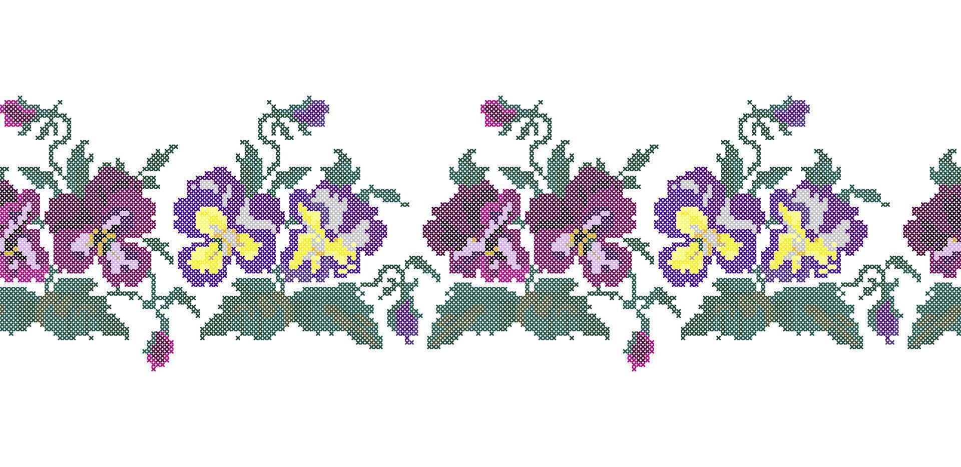 Cross Stitch Heartsease Flowers Embroidery Floral Seamless Pattern vector