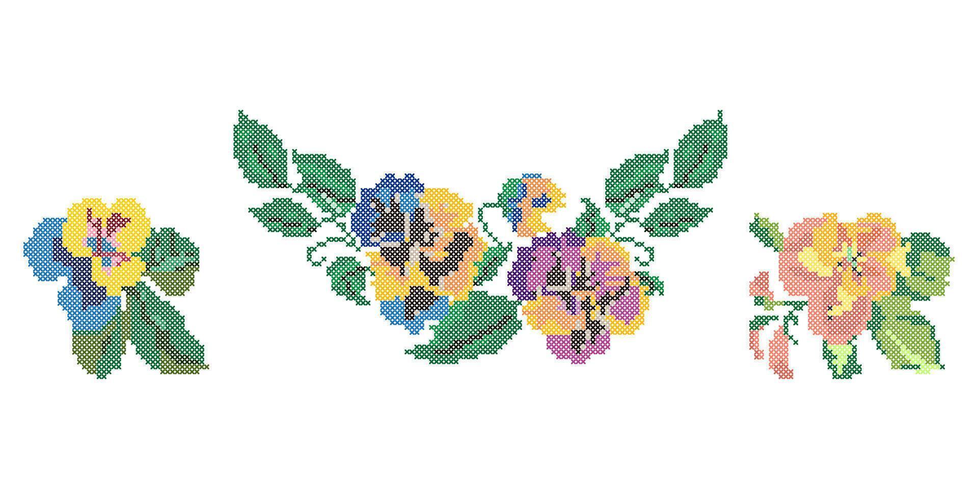 Cross Stitch Heartsease Flowers, Floral Embroidery Pattern vector