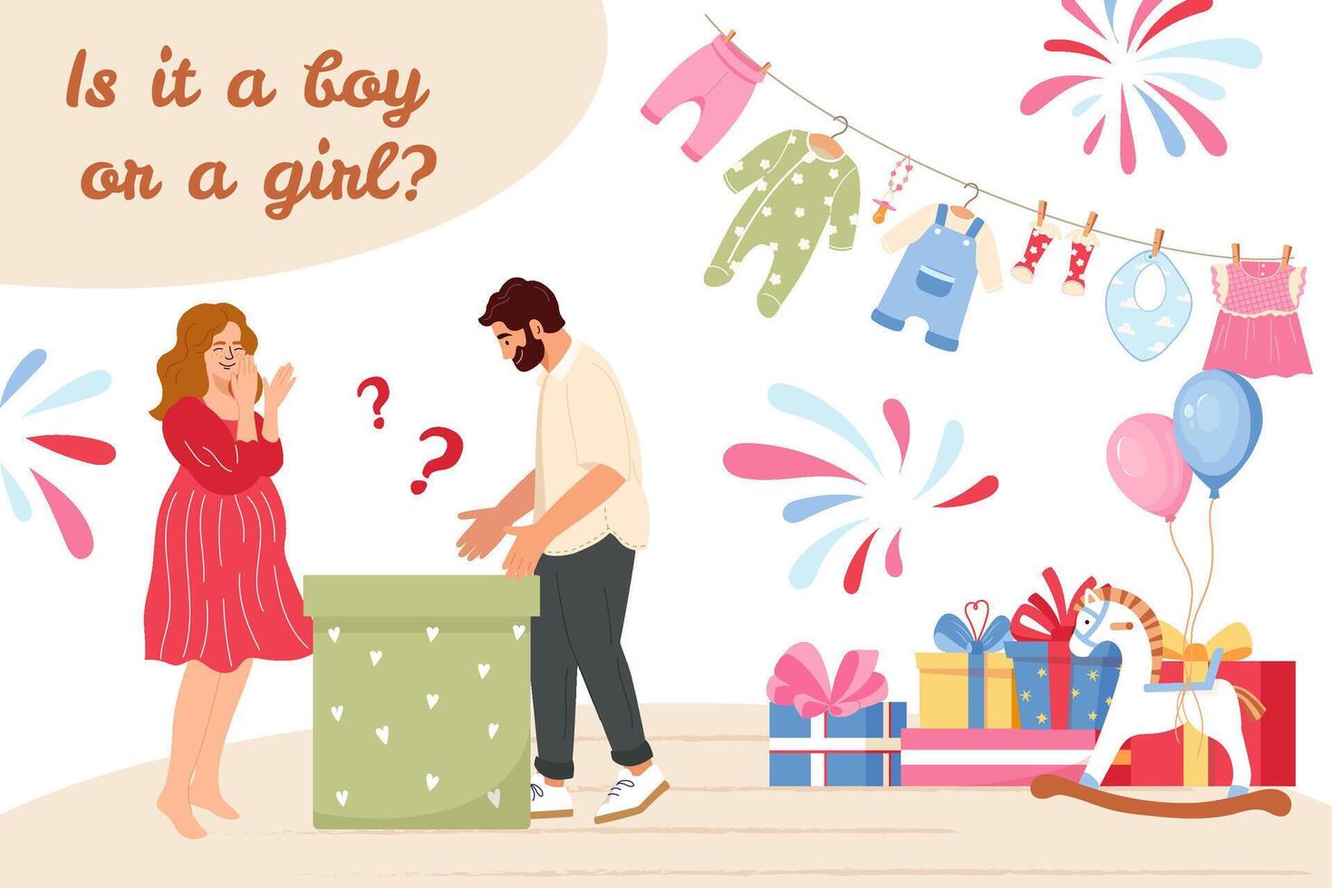 Couple expecting baby open box to find out if it's boy or girl Baby shower banner design with happy parents, gifts, baby clothes Ideal for festive gender reveal party invitations, cards, decor vector
