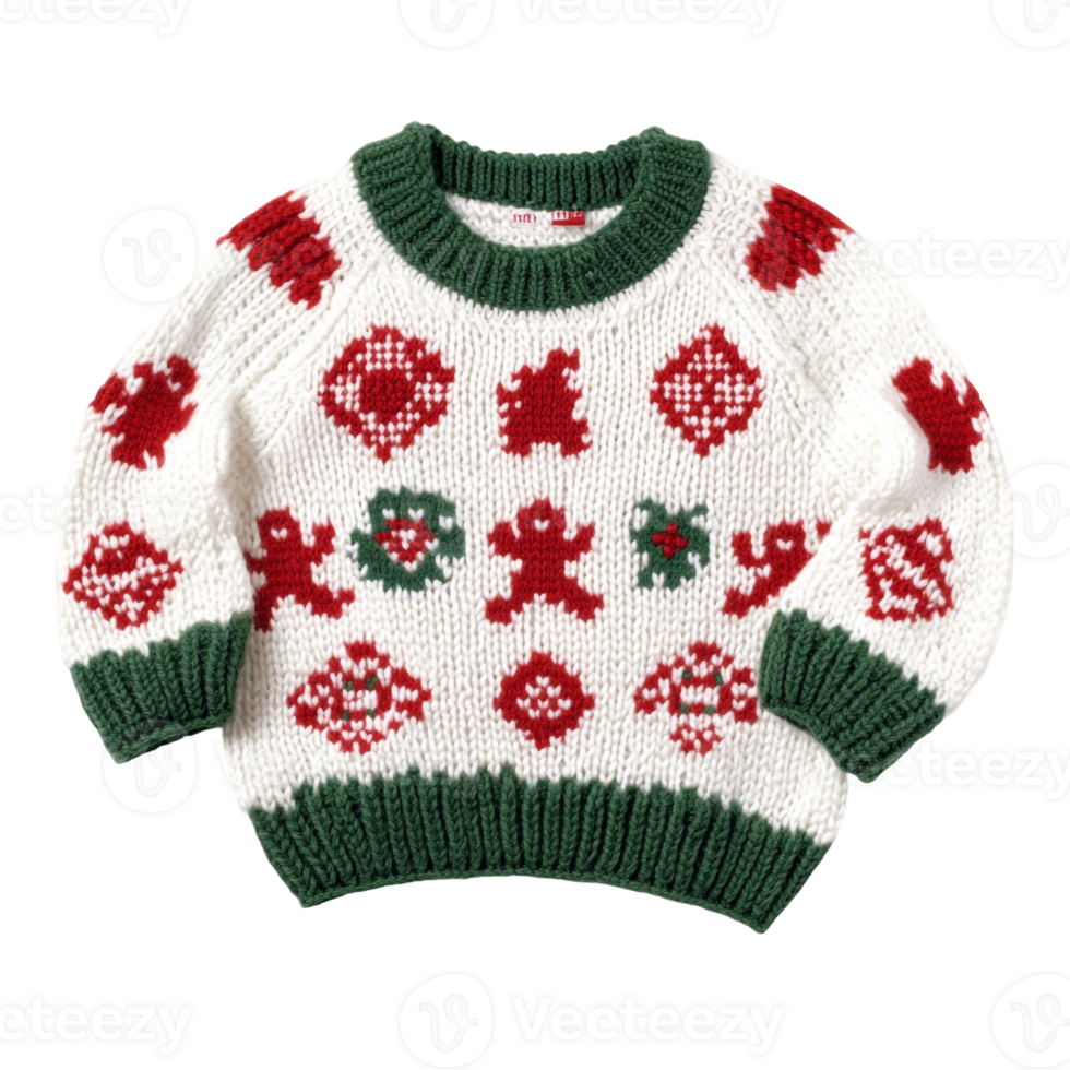 Festive holiday sweater with green trim and red snowflake patterns, reflecting Christmas spirit and warm seasonal vibes. png