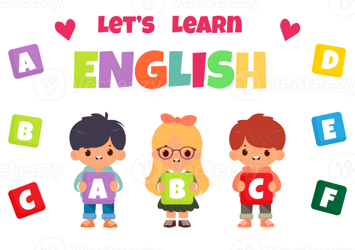 back to school children with lets learn english text isolated on transparent background png