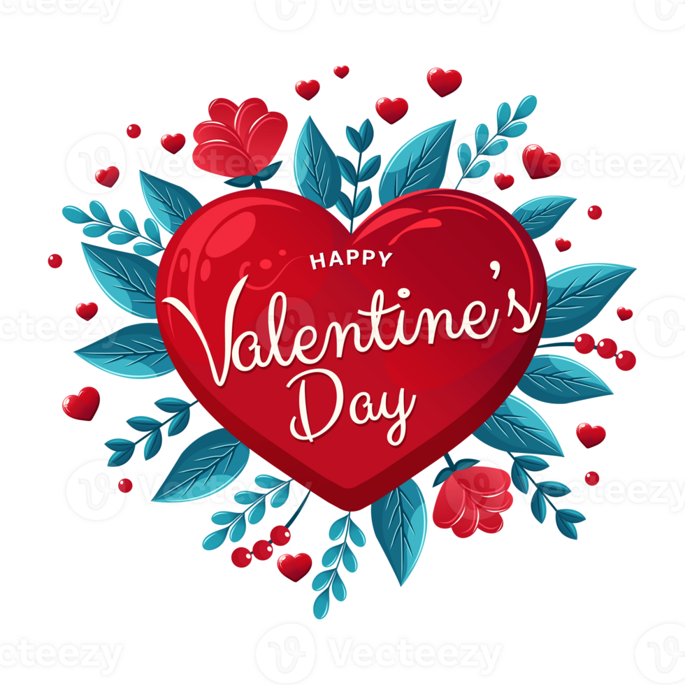 Happy valentines day illustration with red heart isolated on ttransparent background png
