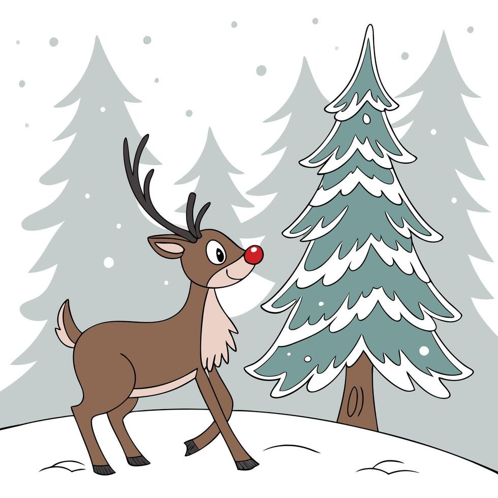 Cartoon Rudolph like Reindeer in Snowy Forest Scene vector