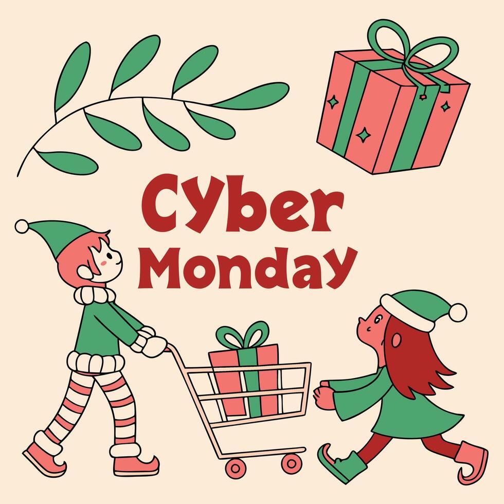Cartoon Elves Shopping for Cyber Monday Sale with Gift Box and Bold Font vector