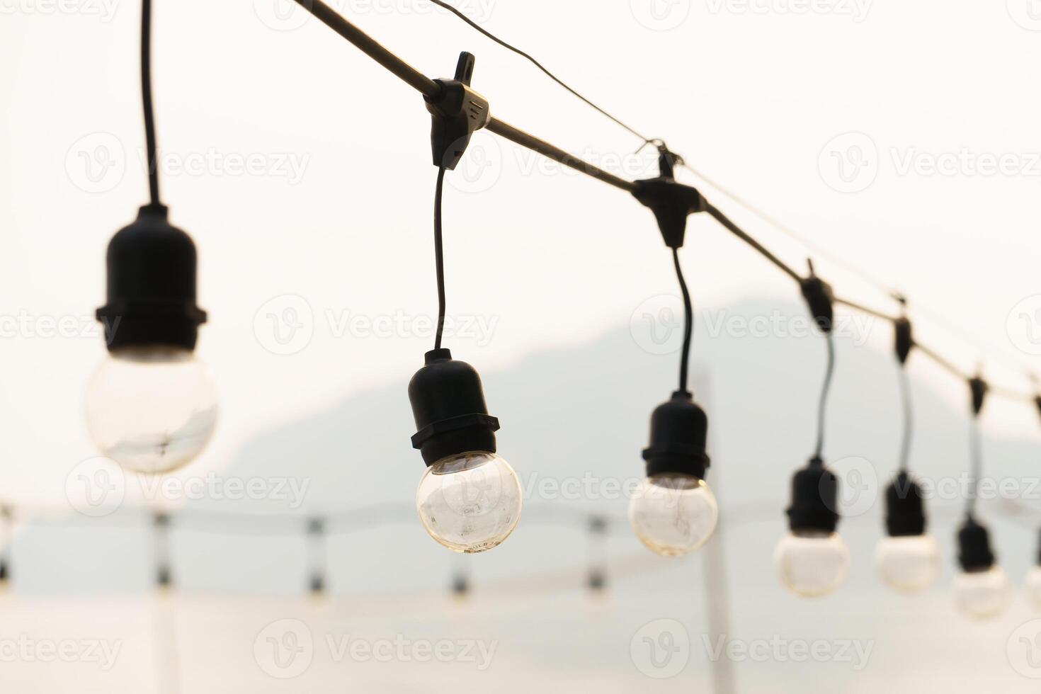 Several light bulbs hanging from a wire photo