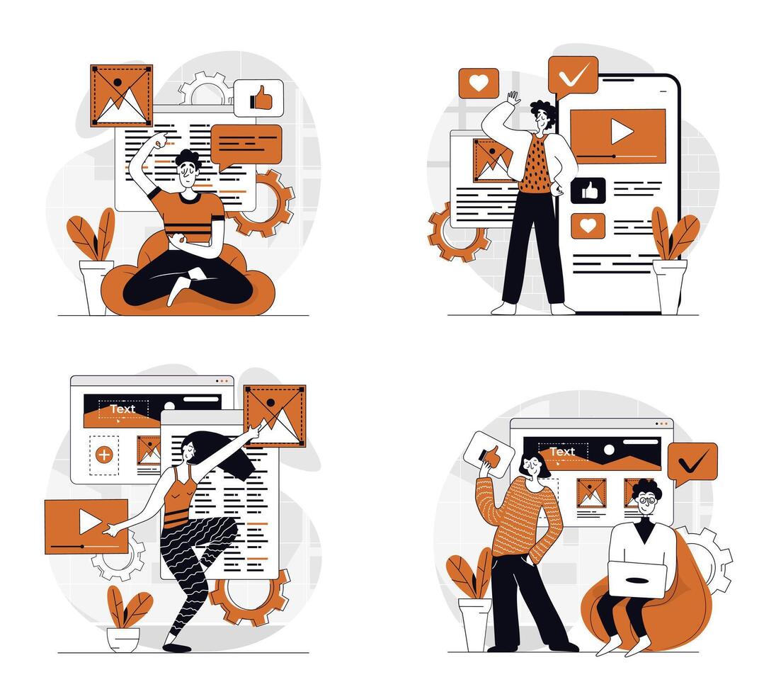 Content manager concept set in flat design for web. Collection with people creating text, photos, images, videos and other graphic contents for webpage filling and online posts. illustrations. vector