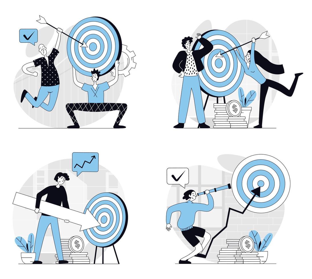 Business target concept set in flat design for web. Collection with people working in team, planning strategy and mission, hitting bullseye and achieving goals and challenges. illustrations. vector