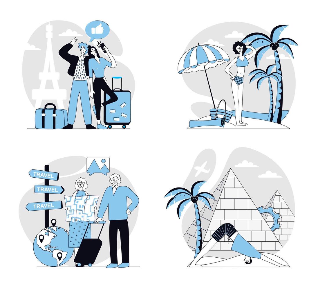 Travelling concept set in flat design for web. Collection with people go in vacation in France or Egypt, visiting sea beach, hiking and trekking, resting in trip and sightseeing. illustrations. vector