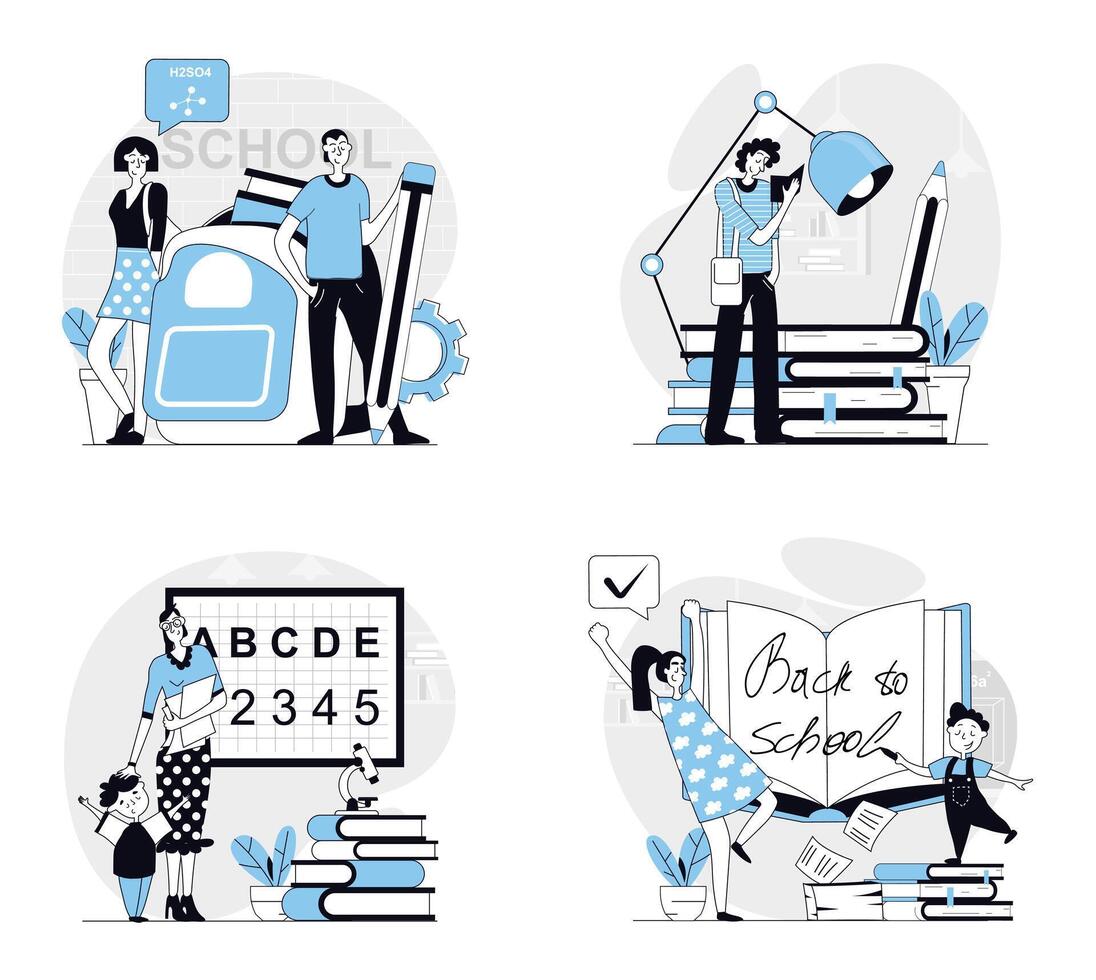 Back to school concept set in flat design for web. Collection with people studying at university or school classes, reading books, doing homework, pupils learning with teacher. illustrations. vector