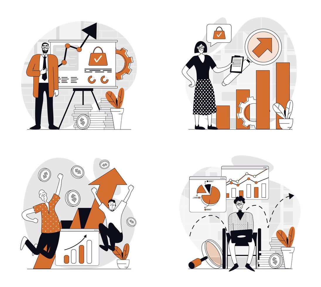 Sales performance concept set in flat design for web. Collection with people making finance analysis, achieving e-business progress and profit rise at arrow charts and graphs. illustrations. vector