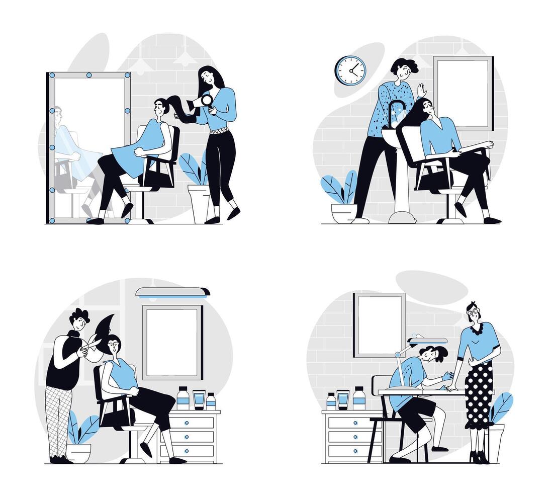 Beauty salon concept set in flat design for web. Collection with people getting professional styling, washing and drying hair, haircut, nail master doing manicure for client. illustrations. vector