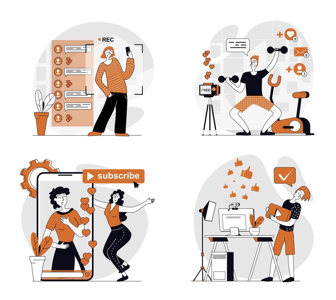 blogging concept set in flat design for web. Collection with people recording new videos in fitness blog and other, making live translation, communicating with followers. illustrations. vector