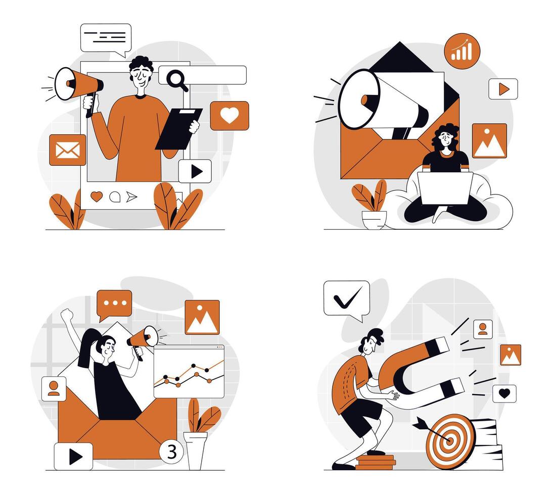 Digital marketing concept set in flat design for web. Collection with people with megaphones and magnets attracting new clients, doing advertising, online promotion with emails. illustrations. vector