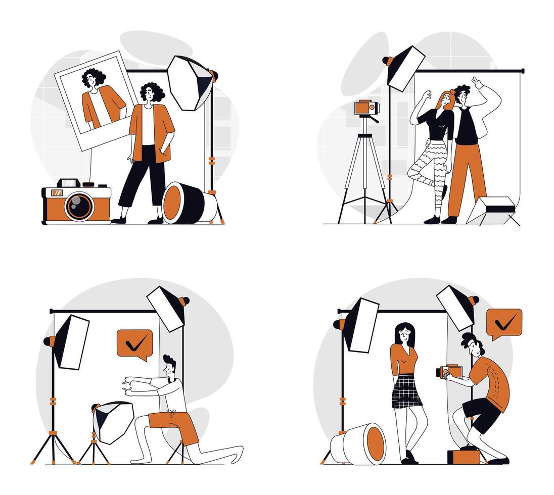 Photo studio concept set in flat design for web. Collection with people getting professional photography shot, posing for portrait, photographer working at fashion shooting. illustrations. vector