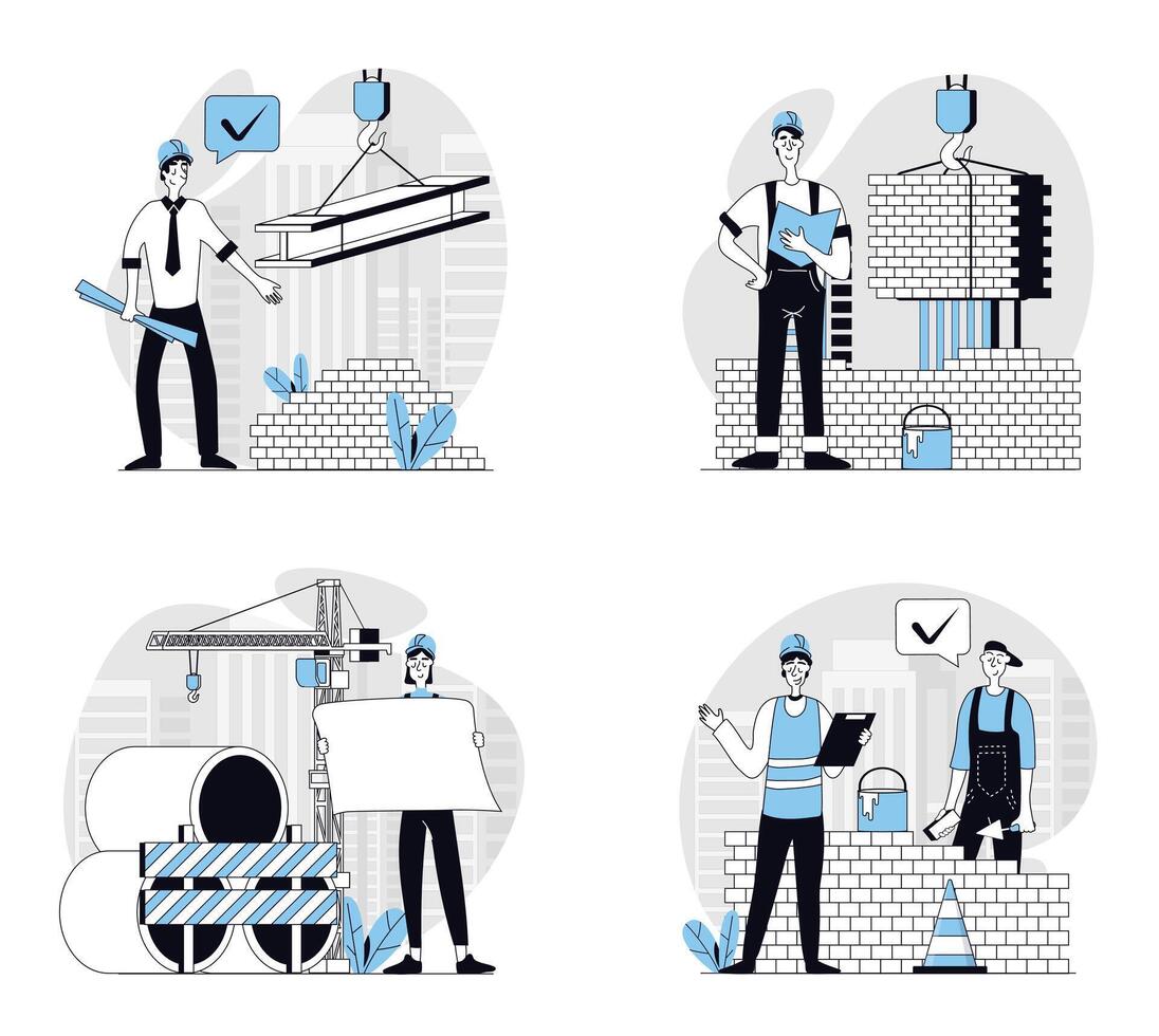 Construction engineer concept set in flat design for web. Collection with people working at building site, making brickwork and house construct, looking at architect blueprints. illustrations. vector