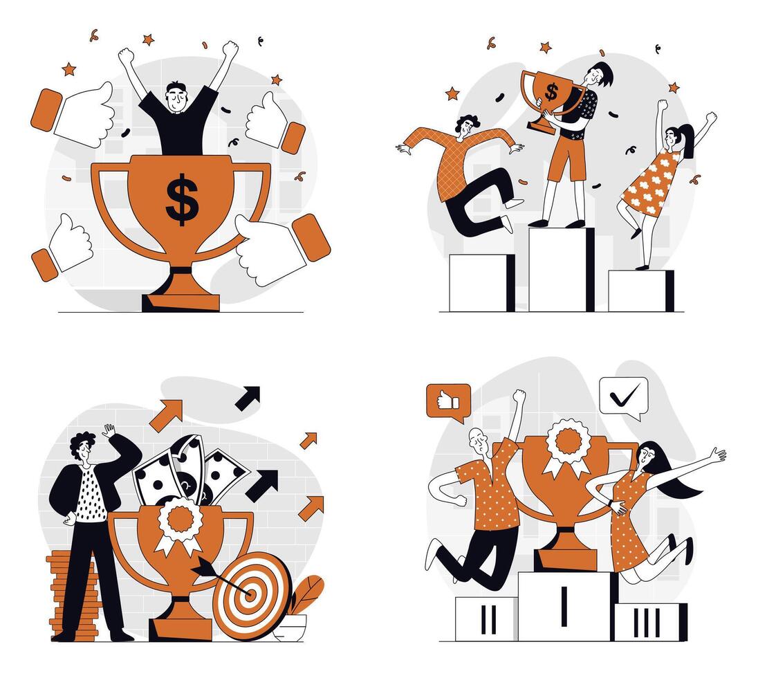 Business award concept set in flat design for web. Collection with people working together and achieving career goals and targets, celebrating victory with golden trophy cup. illustrations. vector