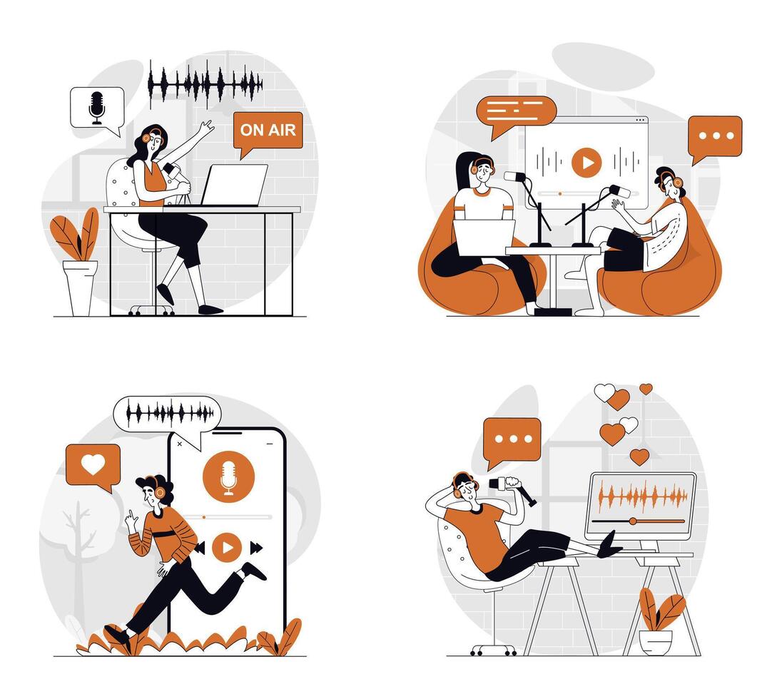 Podcast streaming concept set in flat design for web. Collection with people in headphones broadcasting and recording talks in studio, creating audio content, followers listen. illustrations. vector