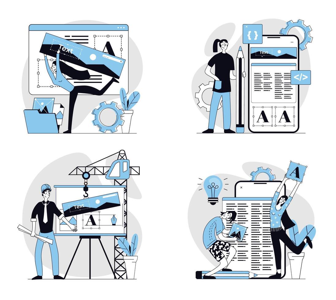 Web design concept set in flat design. Collection with people building wireframe layout with content filling, creating graphic elements for applications or sites interface. illustrations. vector