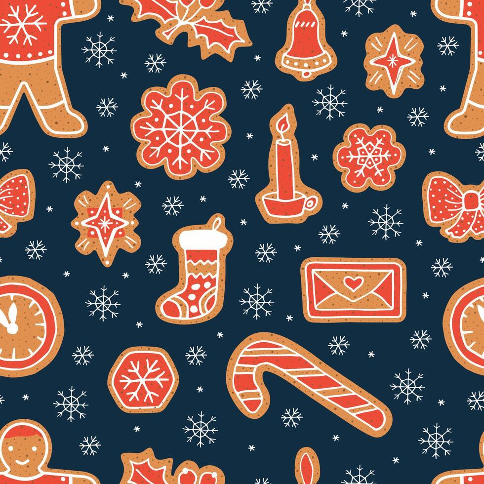 Seamless pattern with gingerbread man, snowflake and more. Christmas cookies in the doodle style. Hand drawn illustrations. vector