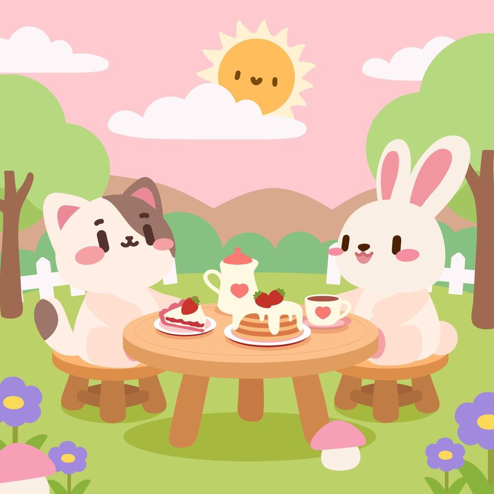 Cute bunny and cat enjoying a pancake picnic in a sunny spring park. Adorable rabbit and cat tea party with strawberry desserts outdoors. vector