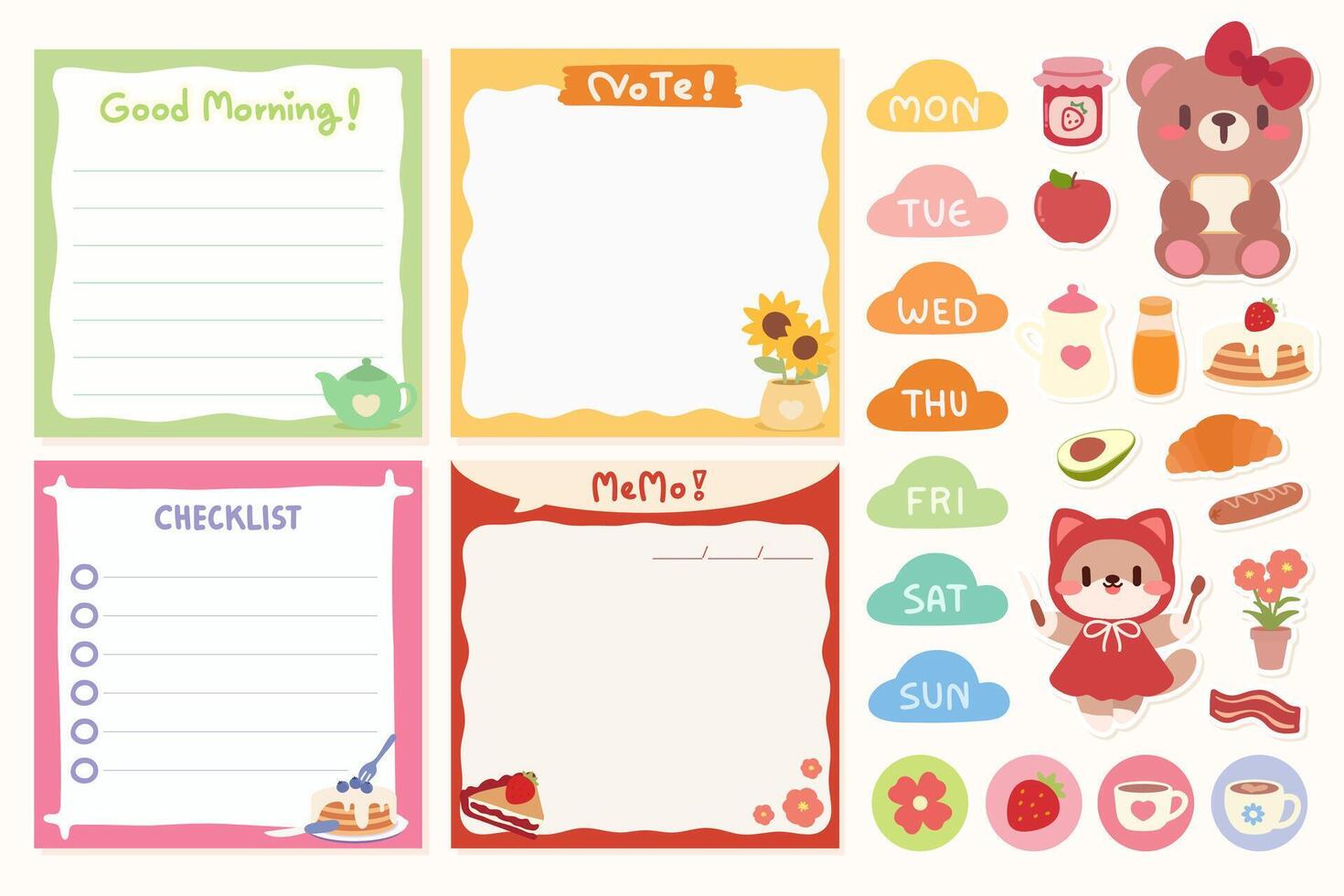 Kawaii breakfast and planner sticker set. Cute bear and cat themed daily planner designs. vector