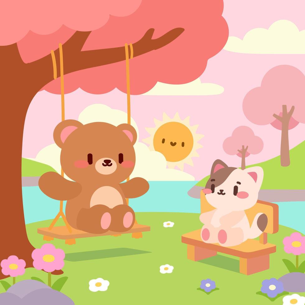 Adorable bear and cat enjoying a sunny day in a swing park scene. A cute illustration of a bear on a swing and a cat sitting on a bench under cherry blossom trees by a serene lake. vector