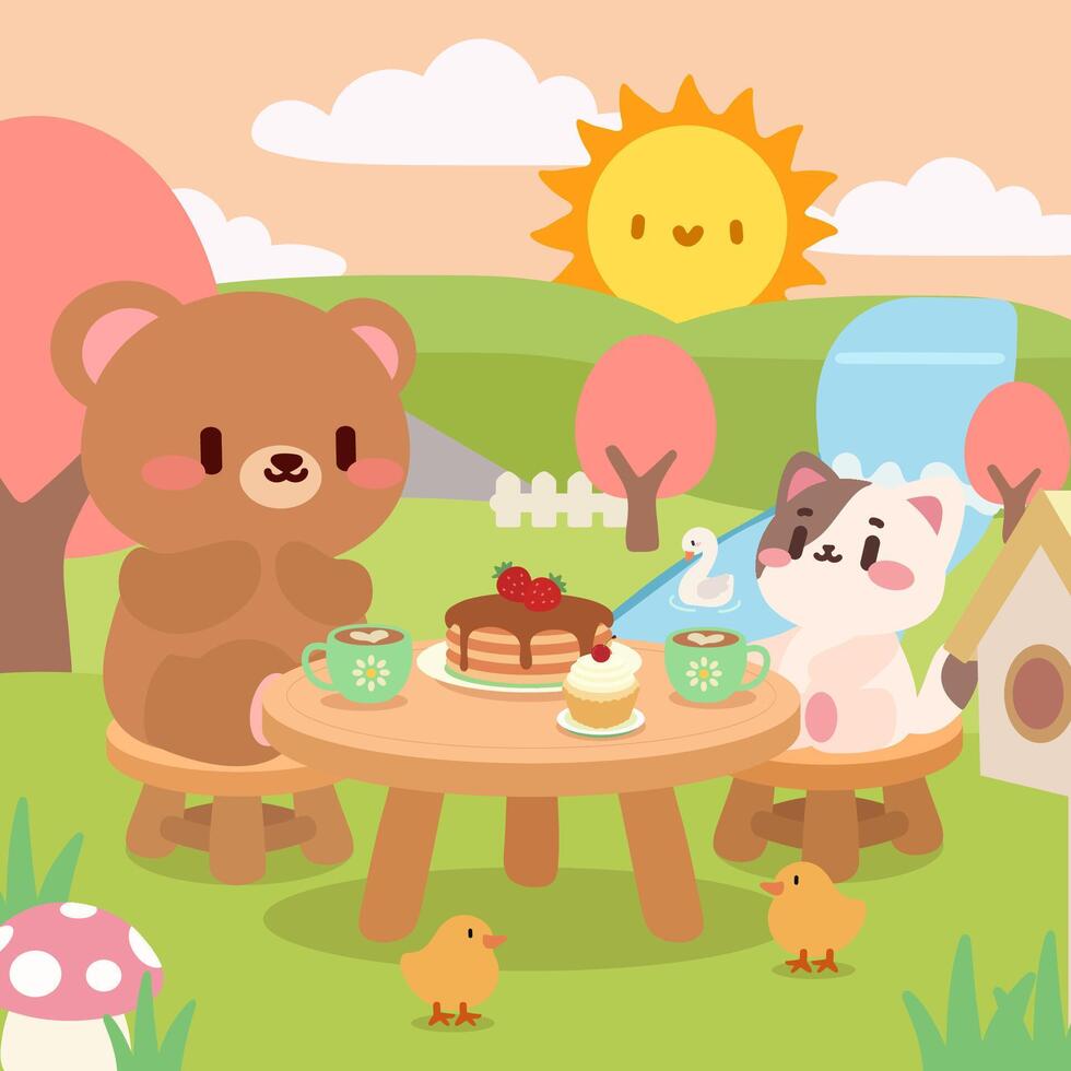Adorable bear and cat enjoying a springtime picnic with pancakes and cupcakes. Bear and cat tea party scene in a pastel spring landscape. vector