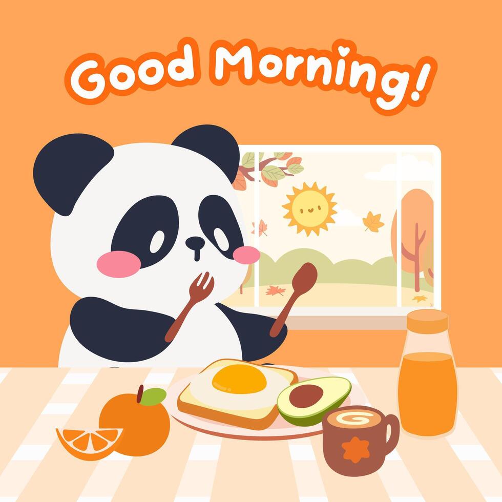 A kawaii style illustration of a cute panda enjoying a healthy breakfast with toast, avocado, orange juice, and eggs in an autumn themed setting. vector