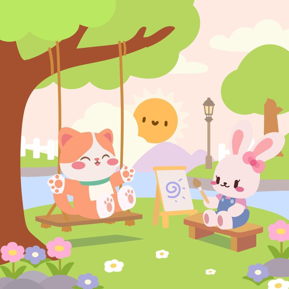 Adorable cat swinging and bunny painting in a sunny park scene. Bunny artist and swinging cat under a tree. vector