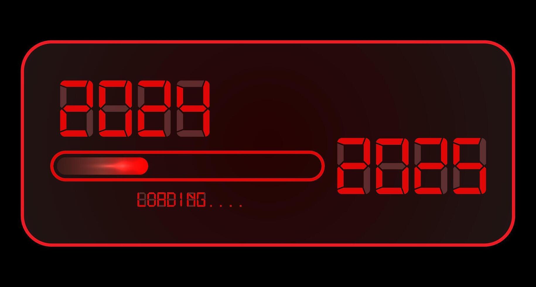 2025 Happy new year digital clock. 2024 loading to up 2025. Red led neon digital time style. Progress bar almost reaching new year eve. illustration, red display isolated or black background vector