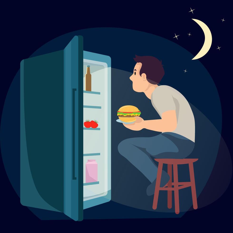 A man sits on a stool in front of an open refrigerator at night and eats a burger. The man looks into the open refrigerator. vector