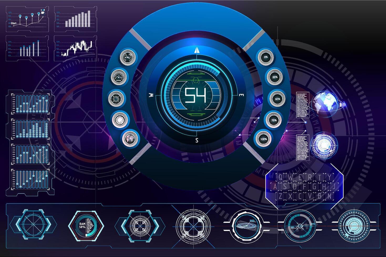 Digital dashboard displaying data visualization and navigation indicators with futuristic design elements. vector