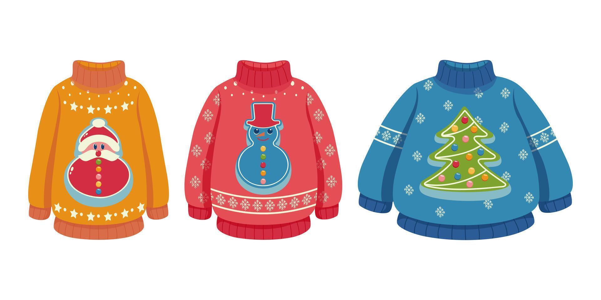 Collection of Christmas Ugly Sweaters with Santa, Snowman, and Christmas Tree Designs. Holiday Apparel Illustration for Festive Themes. vector
