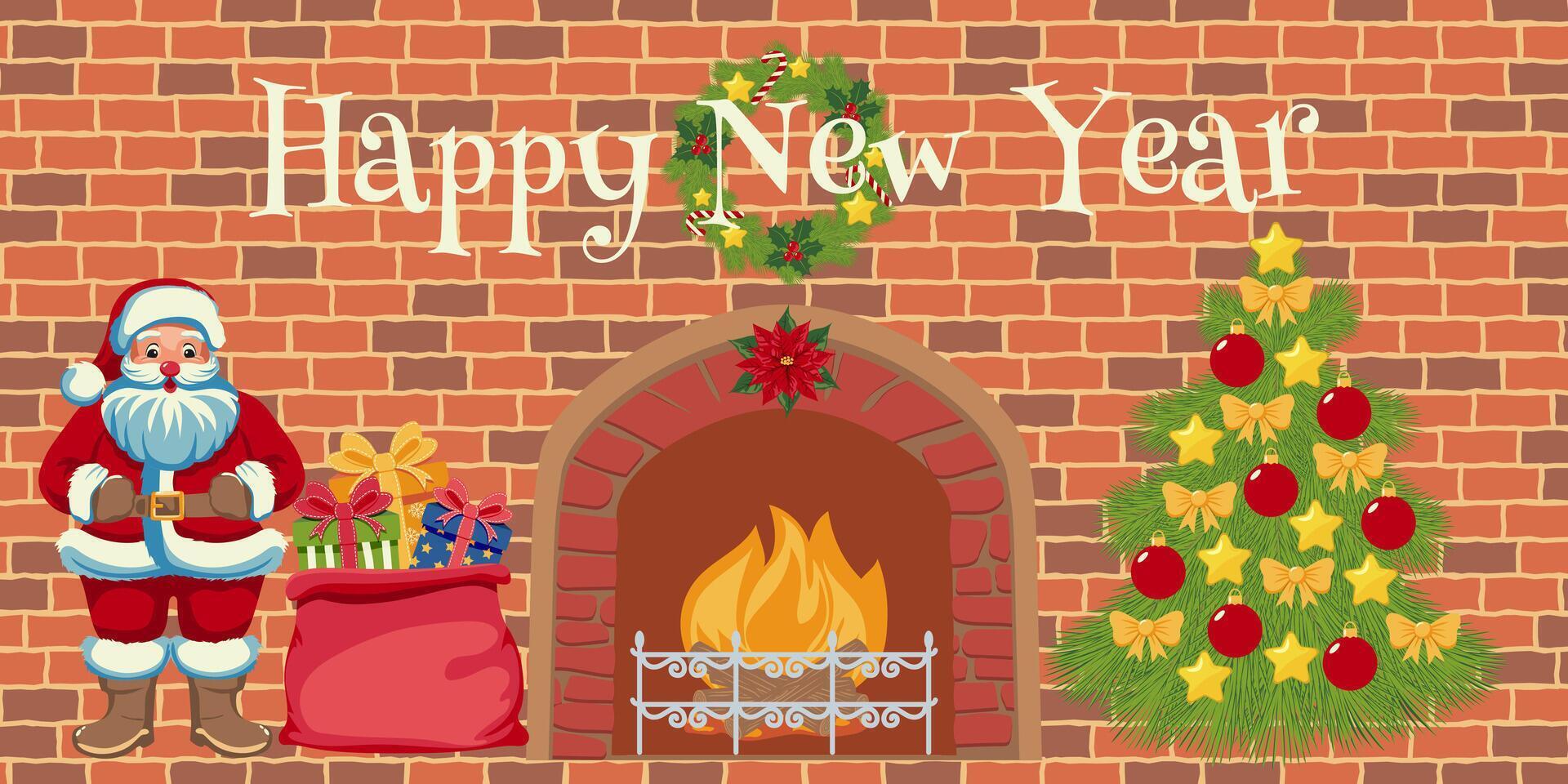 Santa Claus with gift sack, decorated Christmas tree, and lit fireplace on a brick wall background. Happy New Year text with wreath and poinsettia. Holiday illustration for greeting card and banner. vector