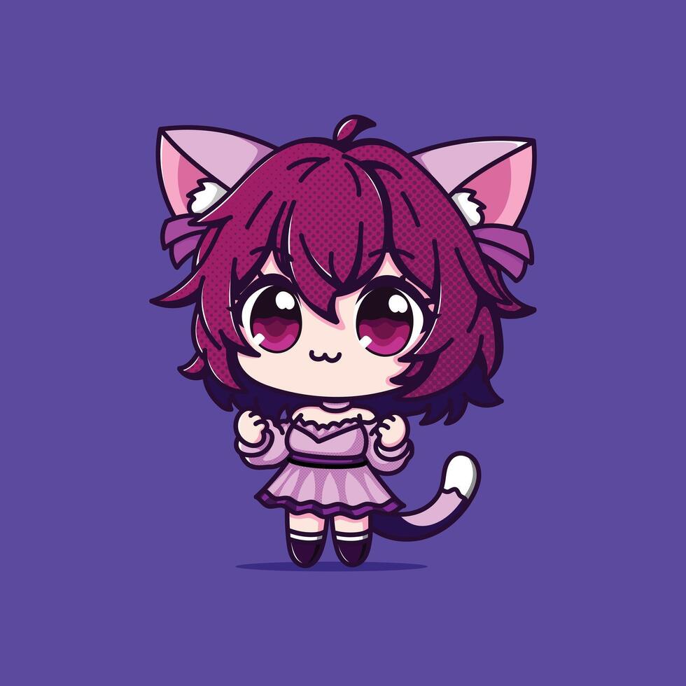 A Cute Girl with Cat Ear and Tail Cartoon Illustration Icon Concept Isolated Premium. Flat Cartoon Style pink and white dress vector