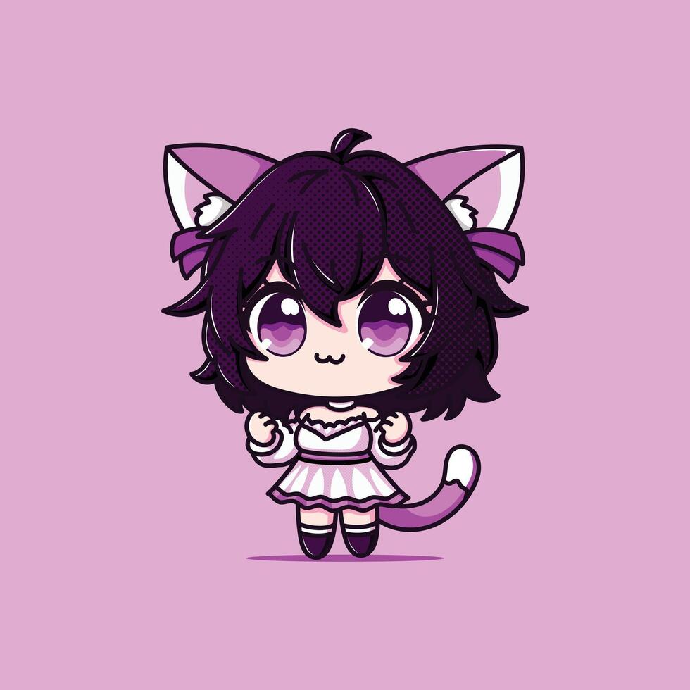 A Cute Girl with Cat Ear and Tail Cartoon Illustration Icon Concept Isolated Premium. Flat Cartoon Style pink vector