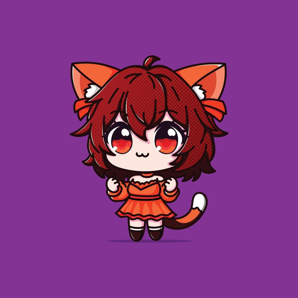 A Cute Girl with Cat Ear and Tail Cartoon Illustration Icon Concept Isolated Premium. Flat Cartoon Style orange vector