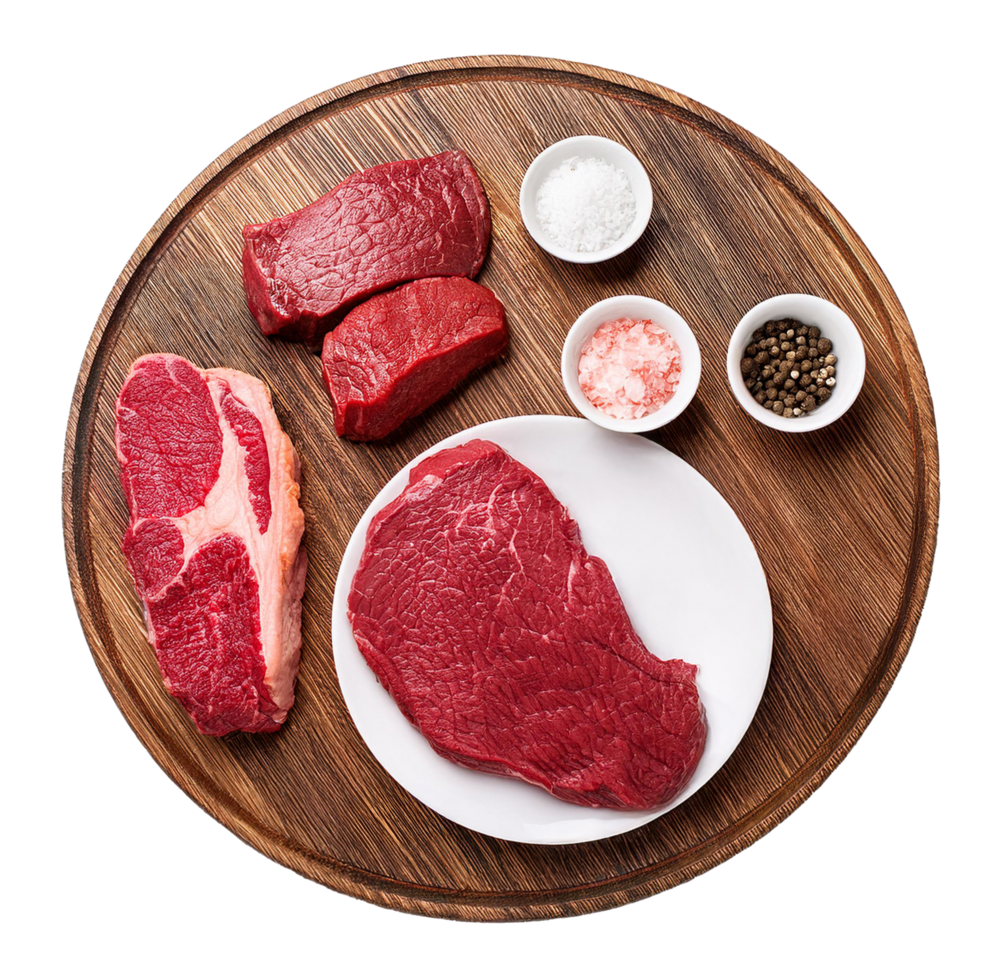 Premium Cuts of Raw Beef with Seasonings on Wooden Platter png