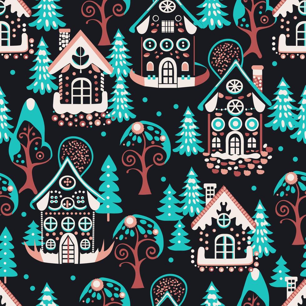 Christmas houses with fir trees vector