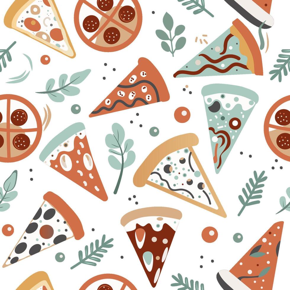pizza surrounded by seasonings on a white background pattern vector