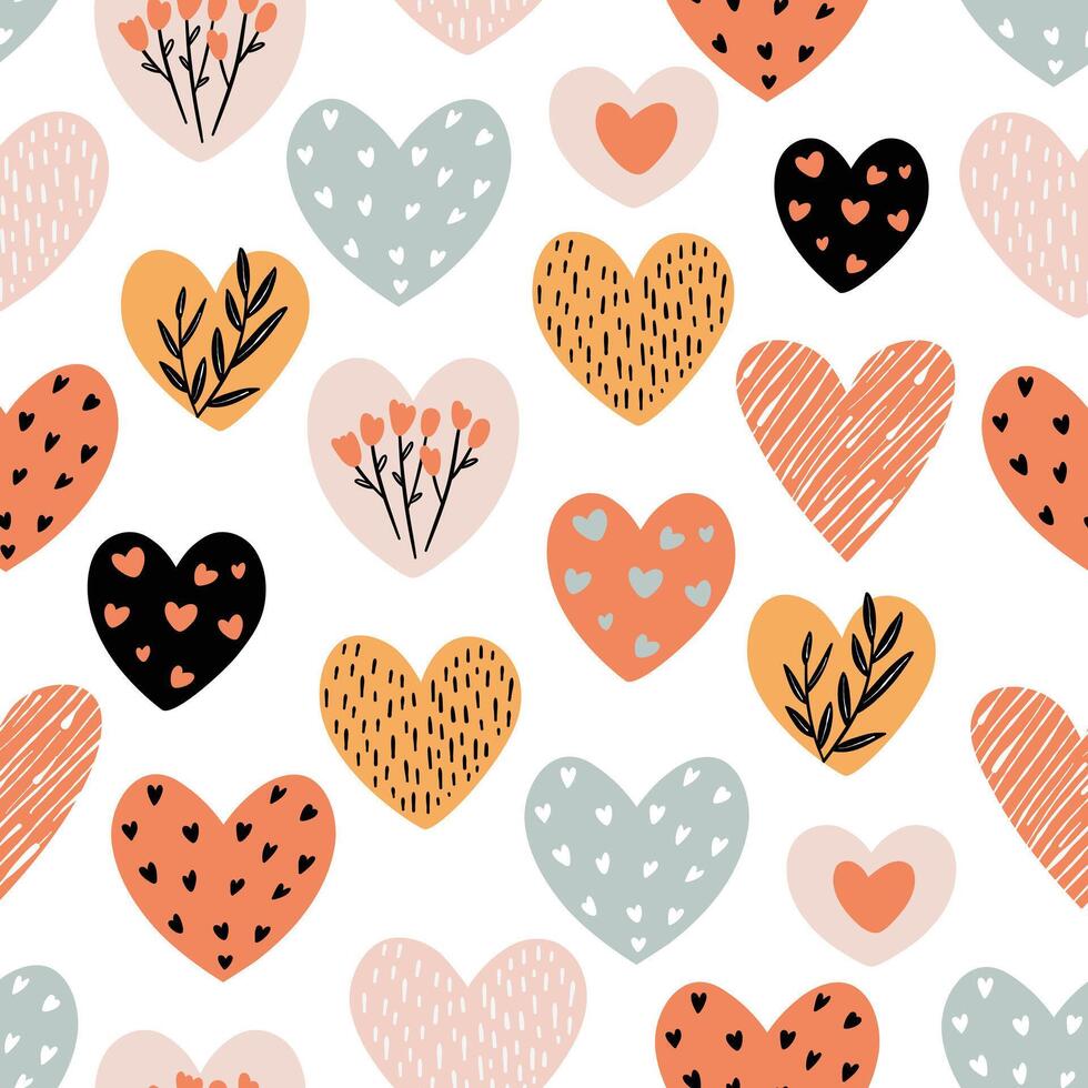 Seamless pattern with cute hearts and flowers, flat illustration on white background vector