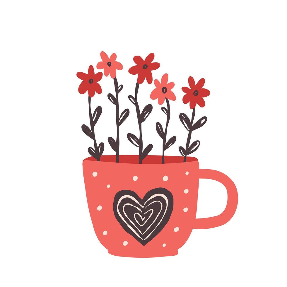 illustration of cup with flowers and heart, naive flat style vector